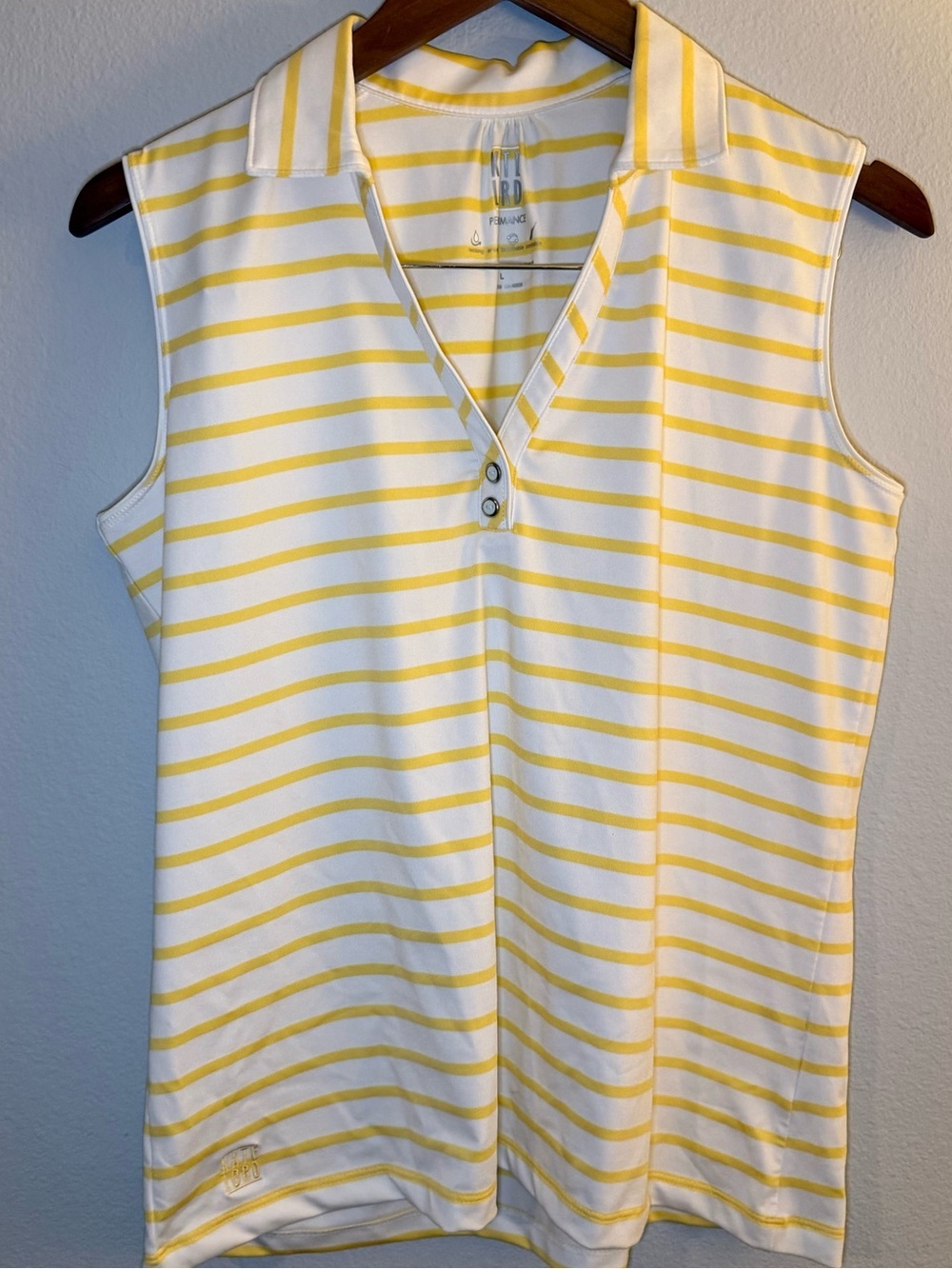 Sleeveless V-Neck Polo Tank in White & Yellow Stripe